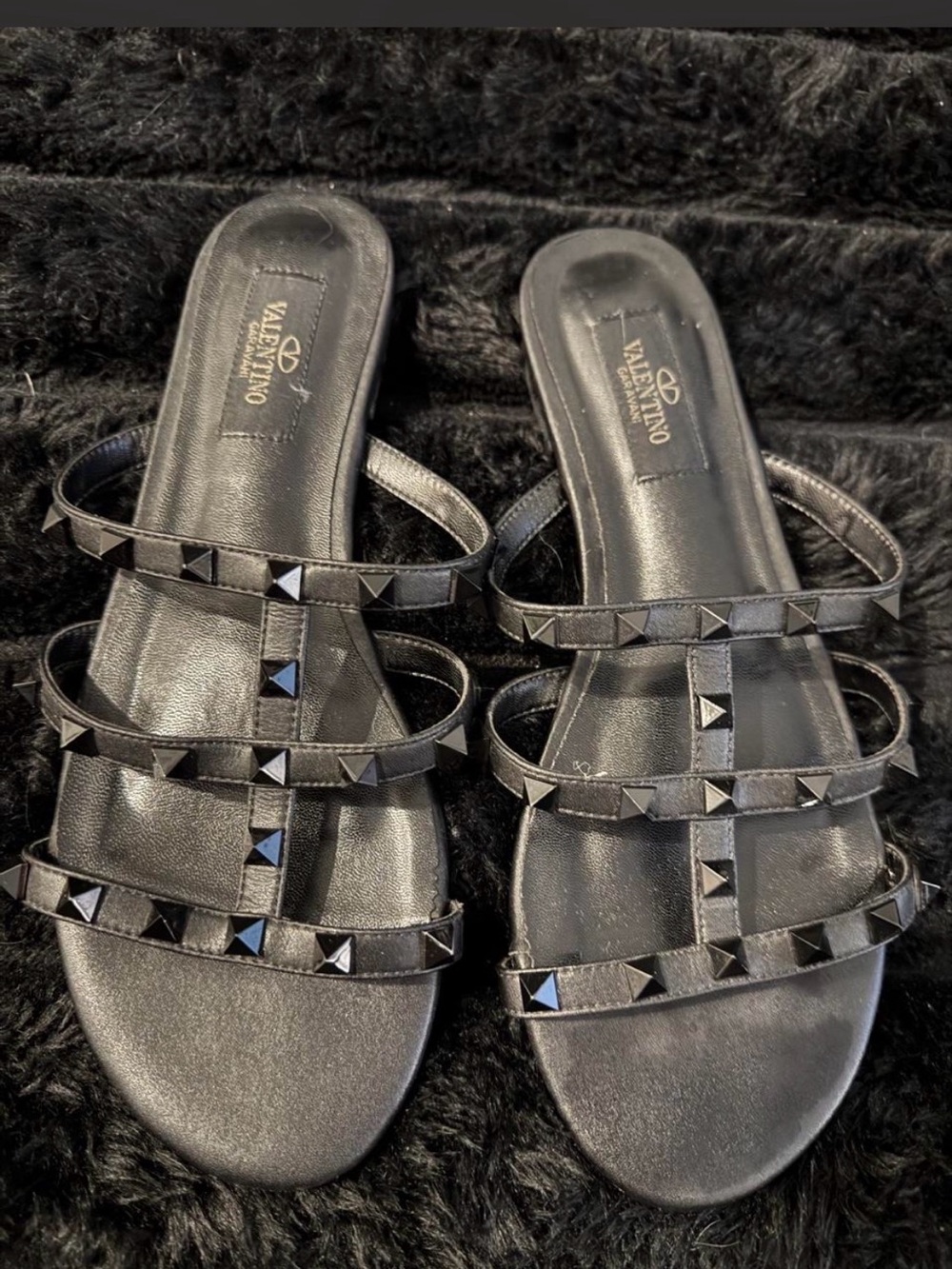 Valentino Rockstud Black Strappy Slide Sandals